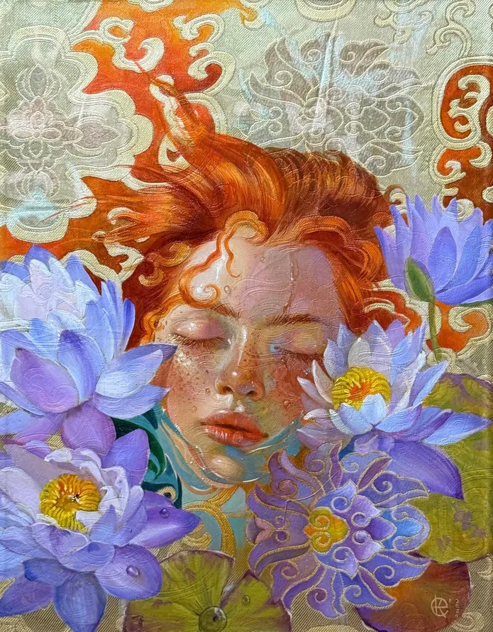 Oil on jacquard, Evgenia Knyazeva